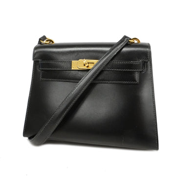 Hermes Mini Kelly ???S Carved Seal Women's Box Calf Leather Handbag Black