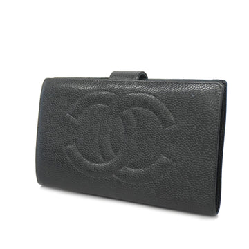Chanel Bi-fold Long Wallet Gold Metal Fittings Women's Caviar Leather Long