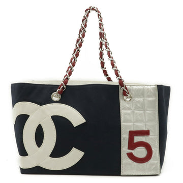 Chanel here mark No.5 shoulder bag tote chain canvas leather navy red silver A18644