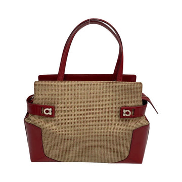 SALVATORE FERRAGAMO Gancini Hardware Leather Genuine Linen Handbag Mini Tote Bag Beige Red