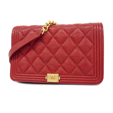 CHANELAuth  Boy  Chain Wallet Gold Hardware Women's Caviar Leather Red Color