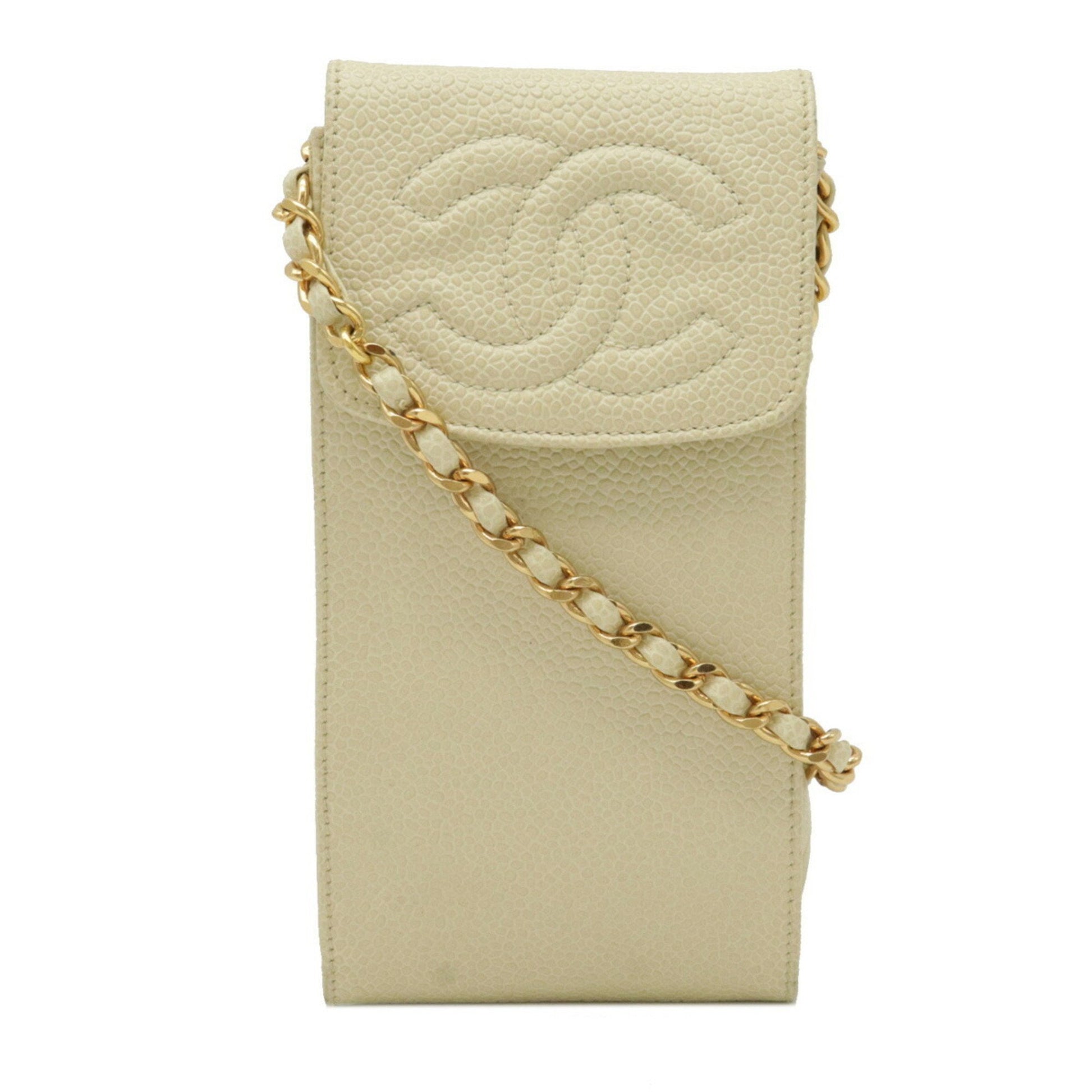 Chanel here mark chain pochette shoulder bag smartphone case mobile caviar  skin leather beige