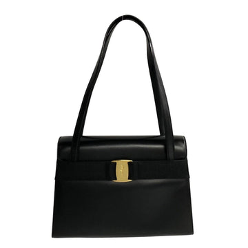 SALVATORE FERRAGAMO Vara Ribbon Logo Leather Genuine Tote Bag Handbag Black 63884
