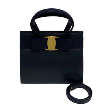SALVATORE FERRAGAMO Vara Ribbon Calf Leather 2way Handbag Shoulder Bag Navy Blue