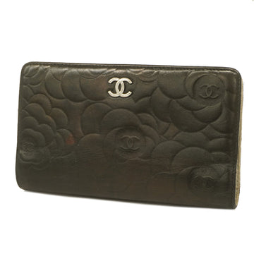 CHANELAuth  Camellia Bi-fold Long Wallet With Silver Metal Fittings Lambskin