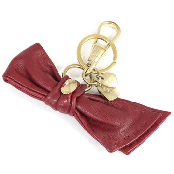 CHRISTIAN DIOR Dior Keychain Bordeaux Gold Color Leather Keyring Bag Charm Ribbon Motif Ladies