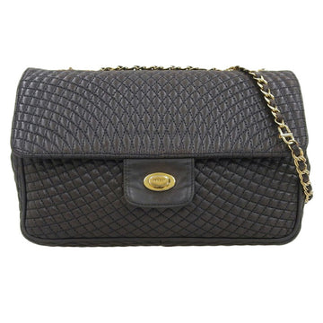BALLY Double Flap Quilted Chain Shoulder Bag Leather Black