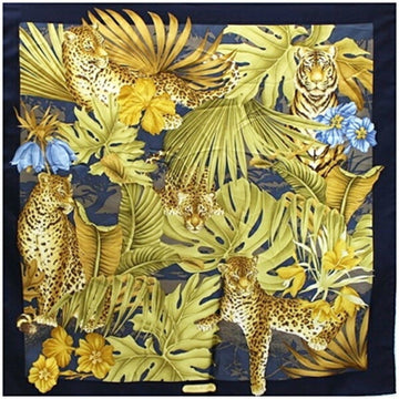 SALVATORE FERRAGAMO Silk Scarf Muffler Leopard Print Navy x Multicolor Women's