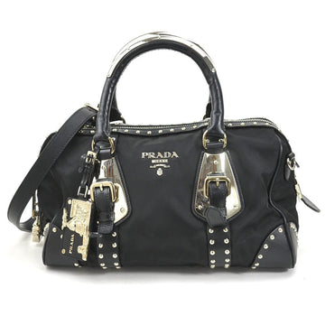 PRADA Handbag Shoulder Bag Studded Nylon/Leather/Metal Black/Silver Ladies