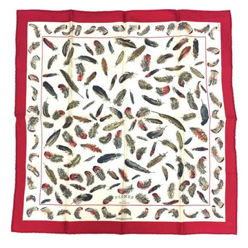 HERMES Scarf Muffler Carre 45 LES PLUMES Feather Silk Beige x Red