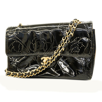CHANELAuth  Camellia Wチェーン W Chain Women's Patent Leather Shoulder Bag Black
