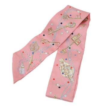 HERMES Twilly Muffler/Scarf Les Cles a Pois Rose Beige Multicolor 100% Silk