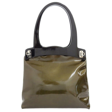 Salvatore Ferragamo Gancini enamel handbag patent leather olive