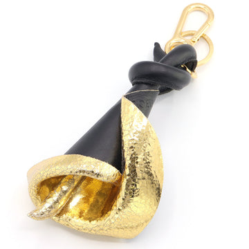 LOEWE key holder lily motif 111.17.113 black gold leather ring bag charm flower ladies