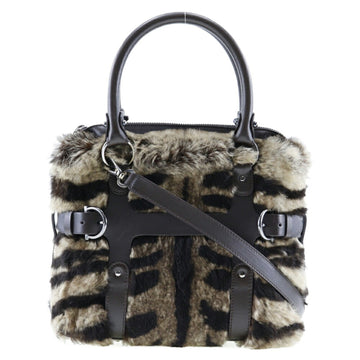 SALVATORE FERRAGAMO 2WAY shoulder handbag 21-4882 Rabbit fur x leather Made in Italy Brown Shoulder bag Handbag 2way zipper 2WAYShoulder Ladies