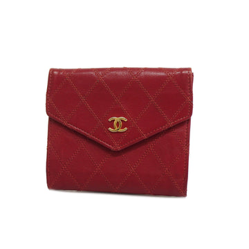 CHANELAuth  Bicolor Bi-fold Wallet Gold Metal Women's Leather Red Color