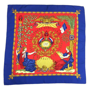 HERMES Scarf Muffler Carre 90 EGALITE FRATERNITE REPUBLIQUE FRANCAISE LIBERITE/1789/In Commemoration of the French Revolution Statue Liberty/Marianne Blue x Red Silk 100%