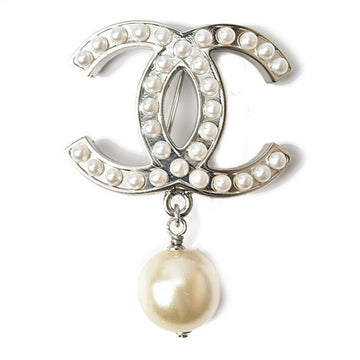 CHANEL brooch pin here mark rhinestone pearl silver