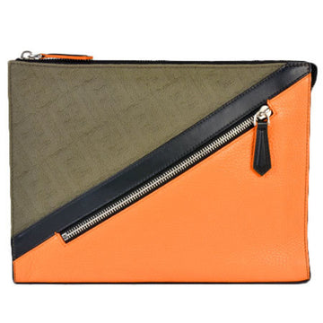 FENDI Clutch Bag Orange x Brown Zucca Fabric Leather 7V33 AB01