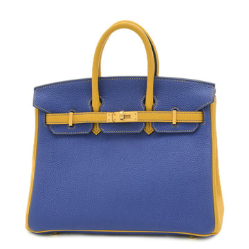 HERMES Birkin 25 Handbag Personal Togo Jaune Ambre/Blue Ankle Matte Gold Hardware