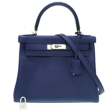 HERMES Kelly 28 Personal Order Swift Blue Saphir Bicolor B Engraved Handbag 0067 Shoulder Strap 6A0067IBZ7