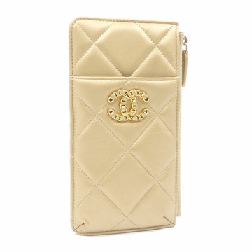 Chanel 19 Phone & Card Case Matelasse Women's Gold Lambskin Pouch Smartphone Cocomark Leather