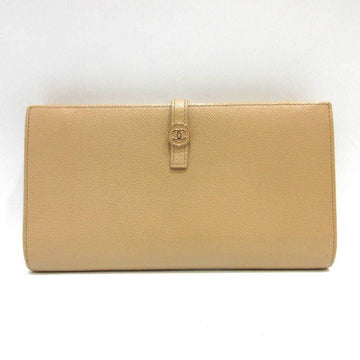 CHANEL Wallet Coco Button Long Bi-Fold Beige Light Brown Women's Leather