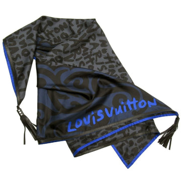 LOUIS VUITTON Scarf Graffiti Black x Blue 100% Silk Leather MP1345