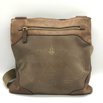 PRADA bag shoulder jacquard x leather beige canvas