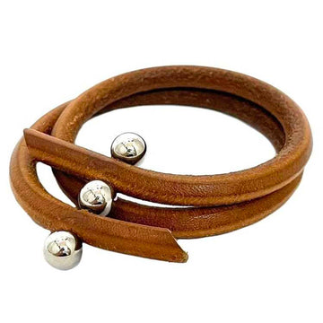 HERMES Bracelet Roulette Hill Brown Silver 3 Ball Leather Metal  Double Ladies