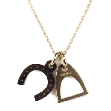 HERMES Horseshoe Amulet Equestre Necklace Metal Buffalo Horn Gold Brown