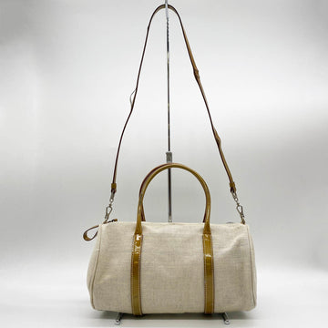 PRADA Shoulder Bag Mini Boston 2Way Ivory Beige Canvas Leather Enamel Women's USED