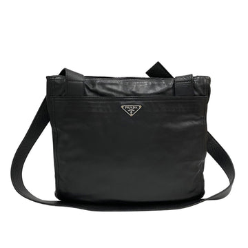 PRADA Triangle Logo Metal Leather Genuine Nylon One Shoulder Bag Mini Tote Black