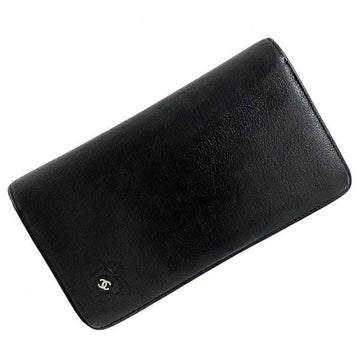 CHANEL bi-fold long wallet black camellia 6511 leather 16 series  coco mark flower women's