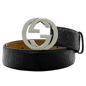 GUCCI Belt Black Silver Stripe Interlocking 411924 GG Men's 40mm Leather Metal  Waist Buckle