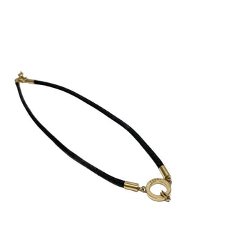 FENDI Vintage Logo Hardware Leather Genuine Choker Necklace Pendant Accessory Gold Black