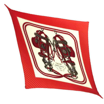 HERMES Pleated Scarf Carre 90 BRIDES de GALA Ceremonial Horse Bridle White x Red 100% Silk Muffler