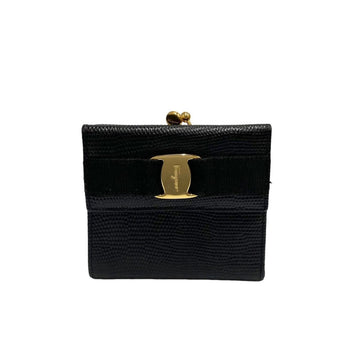 SALVATORE FERRAGAMO Vara Ribbon Hardware Leather Genuine Clasp Bifold Wallet Mini Black