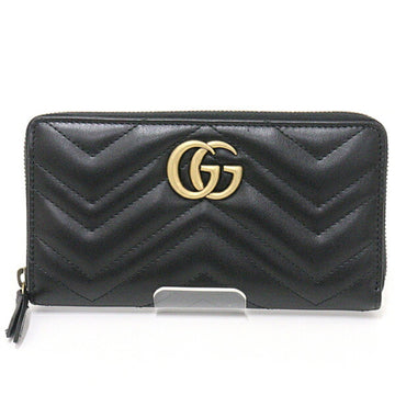 Gucci GG Marmont Zip Around Black 443123 Round Long Wallet Chevron Quilted Leather Double G