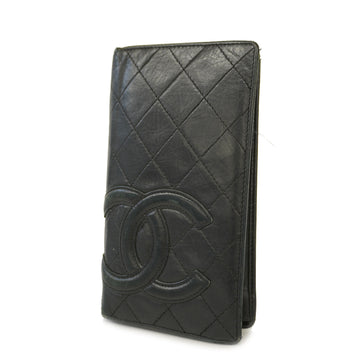 CHANELAuth  Cambon Line Silver Metal Fittings Leather Long Wallet bi-fold Black