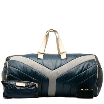 SAINT LAURENT Y Line Mesh Sports Bag Handbag Boston Shoulder Navy Ivory Satin Polyester Women's