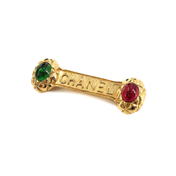 Chanel grippore logo bone type brooch gold red green accessories Vintage Brooch