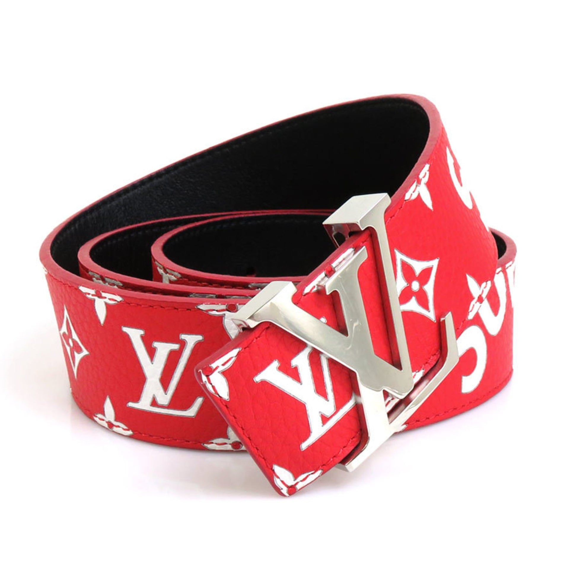 LOUIS VUITTON Belt Supreme Collaboration Sun Tulle LV Initial Leather Red x  White Silver Men's MP015