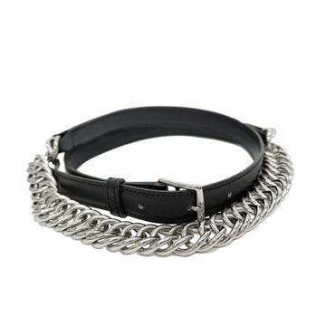 HERMES leather chain belt black silver