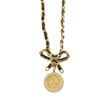 Chanel chain choker necklace ribbon medal rhinestone enamel black gold 95P vintage accessories Vintage Necklace
