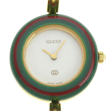 GUCCI Change Bezel Watch 1100-L Gold Plated Swiss Made Green/Red Quartz Analog Display White Dial Ladies