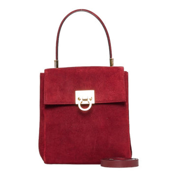 SALVATORE FERRAGAMO Gancini Handbag Shoulder Bag Red Gold Suede Ladies