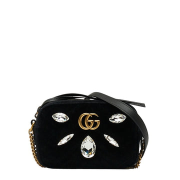 GUCCI GG Marmont Quilted Bijou Rhinestone Shoulder Bag 448065 Black Velor Leather Women's