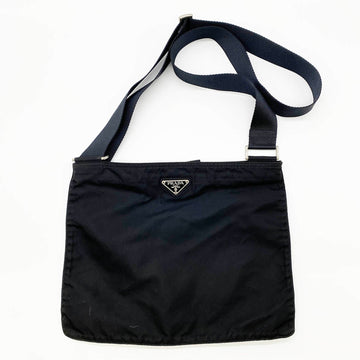 PRADA shoulder bag crossbody no gusset triangular plate logo white tag black nylon ladies men USED