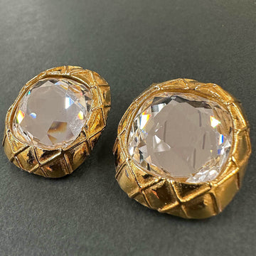 CHANEL Earrings Matelasse Clear Stone Gold Accessories Ladies Fashion Vintage